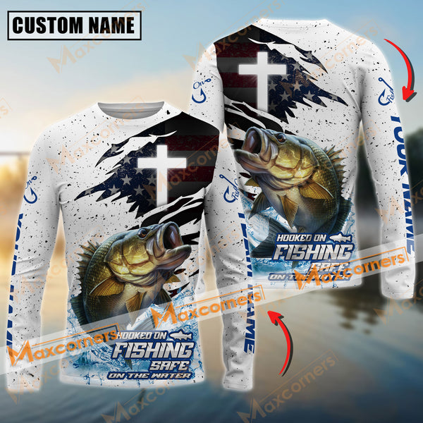 Maxcorners Bass Fishing Hooked On Fishing, Safe On The Water Sport Jersey Cross Pattern Personalized Name, Team Name Long Sleeve Shirt