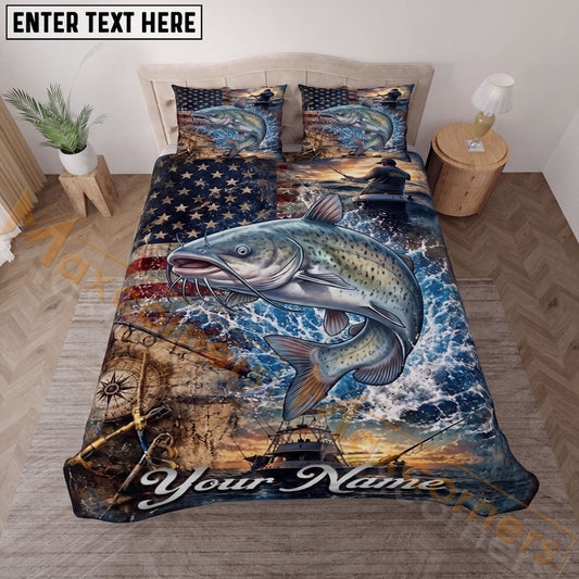 Maxcorners Fishing American Flag Ocean Adventure Personalized Name Unisex 3D Bedding Set (13 Fish Species)