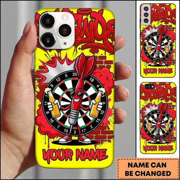 Maxcorners Darts Phone Case Funny Arrow Character Sunglasses Holding Beer Mugs Brick Wall Graffiti Personalized Name Multi Options Cover (7 Colors)