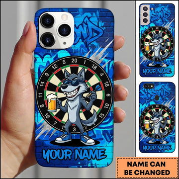 Maxcorners Darts Phone Case Cool Wolf Mascot Sunglasses Holding Beer Glass Brick Wall Graffiti Personalized Name Multi Options Cover (7 Colors)