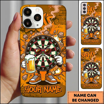 Maxcorners Darts Phone Case Cool Target Board Mascot Sunglasses Holding Beer Glass Flying Arrows Wall Crack Personalized Name Multi Options Cover (7 Colors)