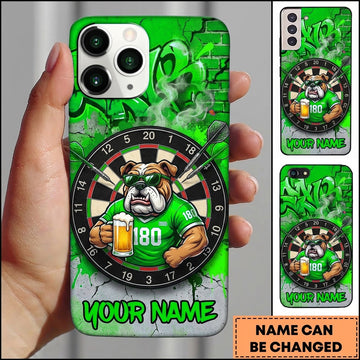 Maxcorners Darts Phone Case Strong Bulldog Mascot Sunglasses Jersey Holding Beer Mug Brick Wall Crack Personalized Name Multi Options Cover (7 Colors)
