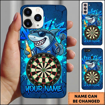 Maxcorners Darts Phone Case Cool Shark Mascot Sunglasses Jersey Holding Beer Bottle Target Board Personalized Name Multi Options Cover (7 Colors)