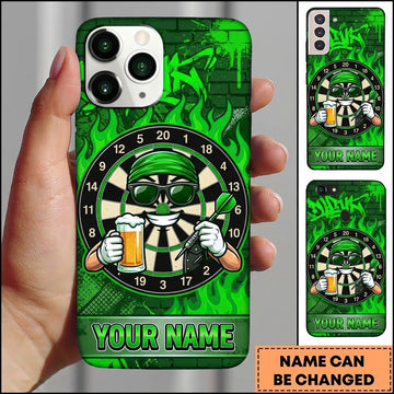 Maxcorners Darts Phone Case Target Board Character Bandana Sunglasses Holding Beer Mug Fiery Flames Personalized Name Multi Options Cover (7 Colors)