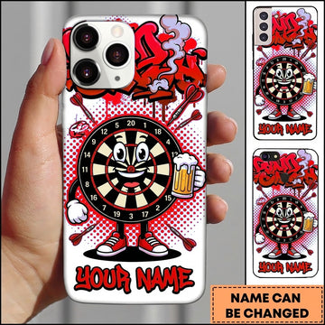 Maxcorners Darts Phone Case Cute Target Board Mascot Holding Beer Mug Flying Arrows Halftone Pattern Personalized Name Multi Options Cover (7 Colors)