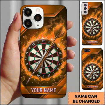 Maxcorners Darts Phone Case Flying Arrow Bullseye Fiery Flames Smoke Particles Geometric Frame Target Board Personalized Name Multi Options Cover (7 Colors)