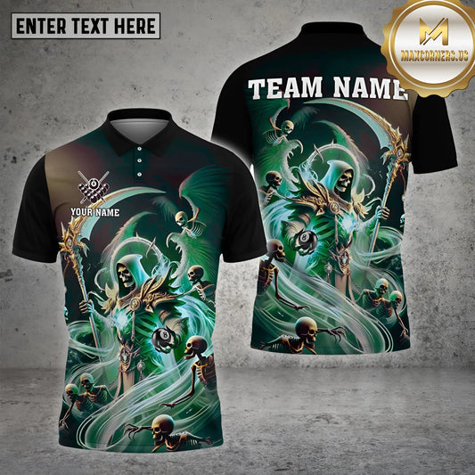 Maxcorners Billiard Ball 8 Skull Warrior Multicolor Options Personalized Name, Team Name 3D Polo Shirt (4 Colors)