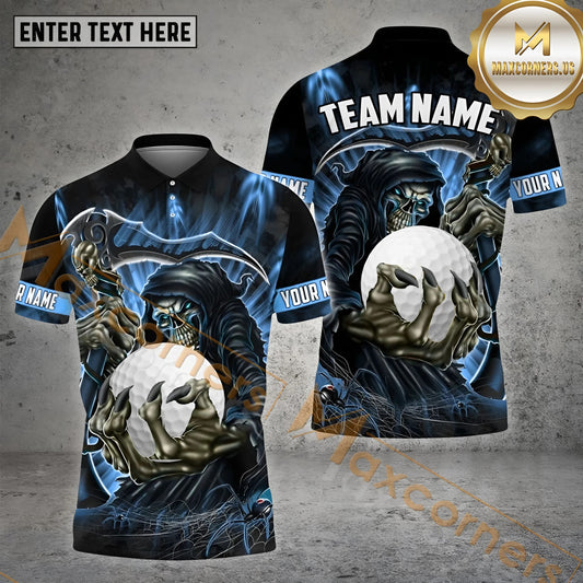 Maxcorners Golf Ball Reaper Grim Pattern Multicolor Option Customized Name, Team Name 3D Polo Shirt (4 Colors)