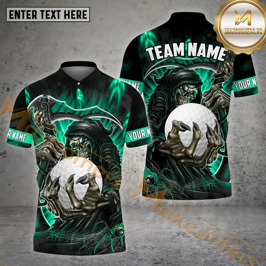 Maxcorners Golf Ball Reaper Grim Pattern Multicolor Option Customized Name, Team Name 3D Polo Shirt (4 Colors)