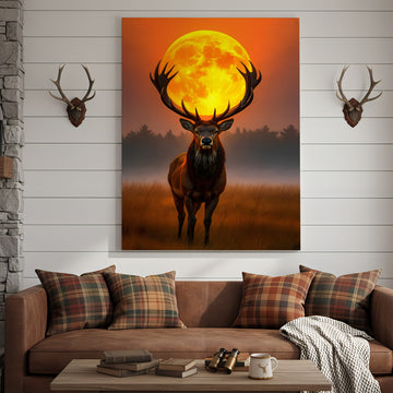 Maxcorners Majestic Elk Full Moon Canvas Wall Art – Hunting Cabin Decor Gift for Hunters
