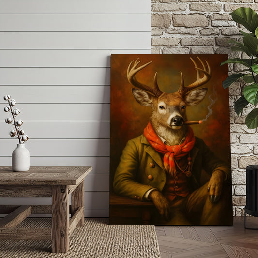 Maxcorners Vintage Deer Canvas Wall Art - Gentleman Stag with Smoking Wall Decor – Rustic Hunting Lodge