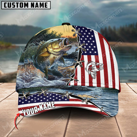 Maxcorners Large Mouth Bass Fishing Flag US Pattern  Personalized Classic 3D Cap