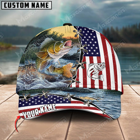 Maxcorners Walleye Fishing Flag US Pattern Personalized Classic 3D Cap