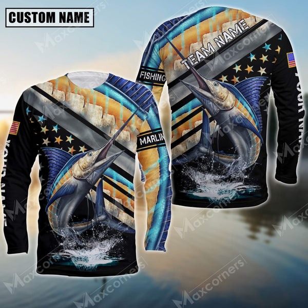 Maxcorner Marlin Fishing Red Line Pattern Personalized 3D Long Sleeve Shirt