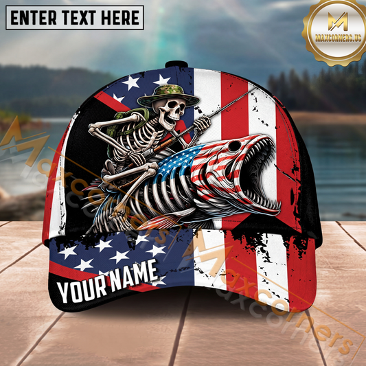 Maxcorners Fishing Patriotic Skeleton Angler Grunge Flag Personalized Name 3D Cap (12 Fish Species)