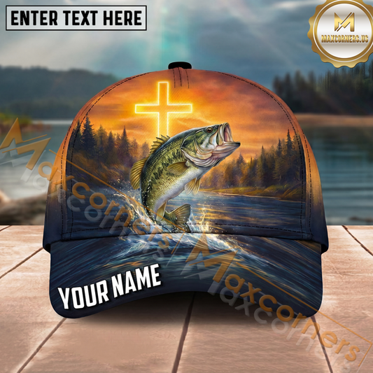 Maxcorners Fishing Christian Cross Sunset River Personalized Name 3D Cap (12 Fish Species)