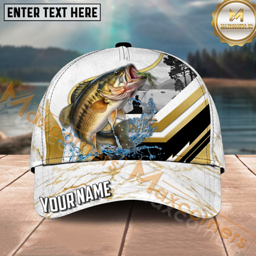 Maxcorners Fishing White Gold Geometric Splash Personalized Name 3D Cap (12 Fish Species)