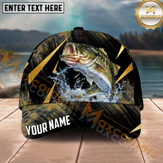Maxcorners Fishing Black Gold Abstract Splash Personalized Name 3D Cap (12 Fish Species)