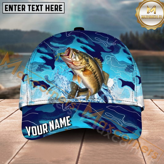 Maxcorners Fishing Blue Camo Lure Splash Personalized Name 3D Cap (12 Fish Species)