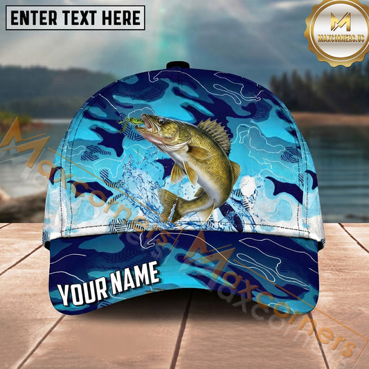 Maxcorners Fishing Blue Camo Lure Splash Personalized Name 3D Cap (12 Fish Species)