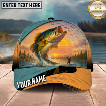 Maxcorners Fishing Sunset Angler Landscape Personalized Name 3D Cap (12 Fish Species)