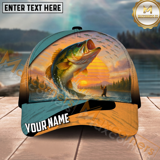 Maxcorners Fishing Sunset Angler Landscape Personalized Name 3D Cap (12 Fish Species)