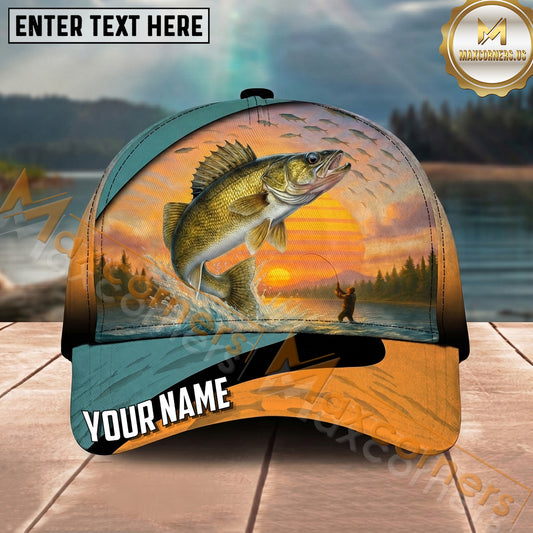 Maxcorners Fishing Sunset Angler Landscape Personalized Name 3D Cap (12 Fish Species)