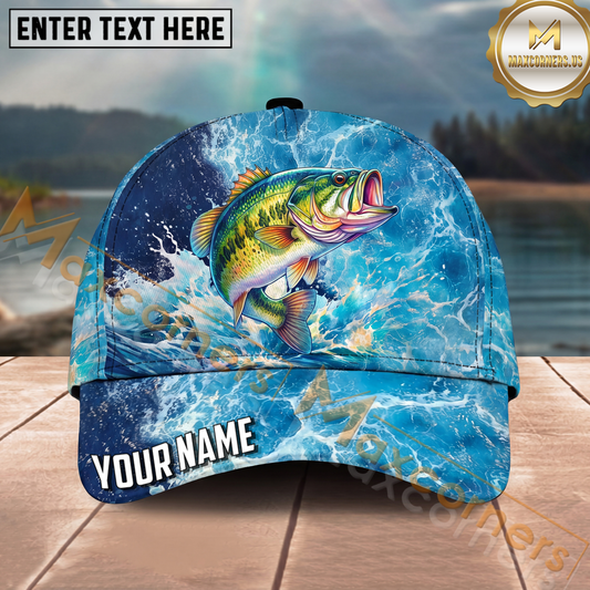 Maxcorners Fishing Ocean Wave Splash Personalized Name 3D Cap (12 Fish Species)