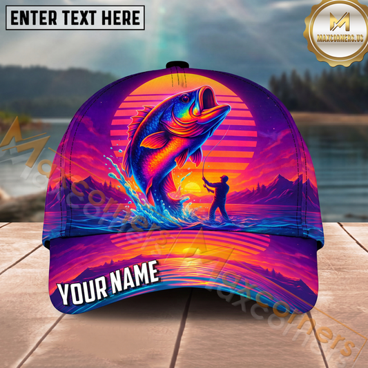 Maxcorners Fishing Neon Retro Sunset Angler Personalized Name 3D Cap (12 Fish Species)