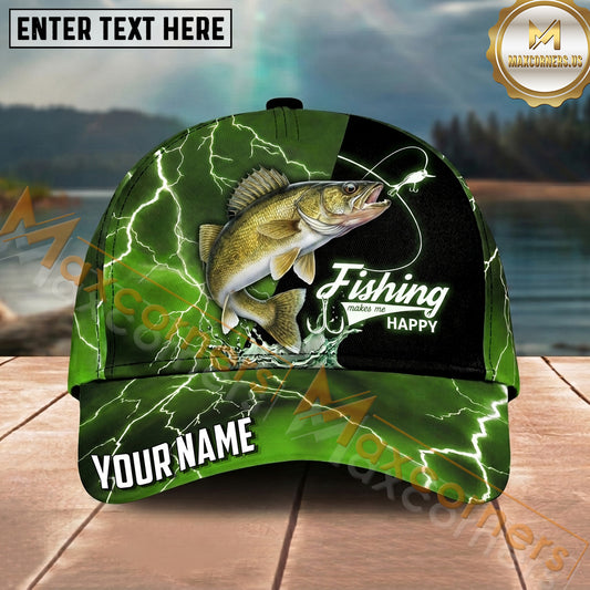 Maxcorners Fishing Green Lightning Happy Quote Personalized Name 3D Cap (12 Fish Species)