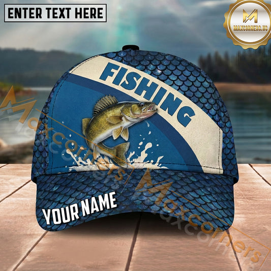 Maxcorners Fishing Blue Scale Pattern Bold Splash Personalized Name 3D Cap (12 Fish Species)