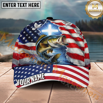 Maxcorners Fishing Patriotic Flag Faith Splash Personalized Name 3D Cap (12 Fish Species)