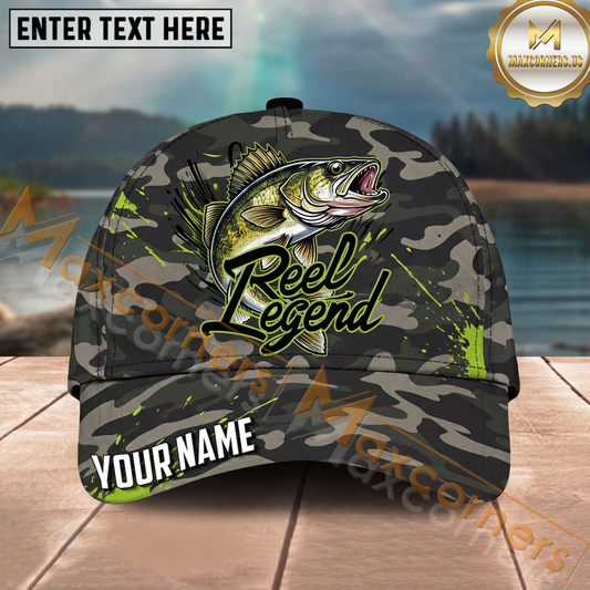 Maxcorners Fishing Camo Reel Legend Graffiti Splash Personalized Name 3D Cap (12 Fish Species)