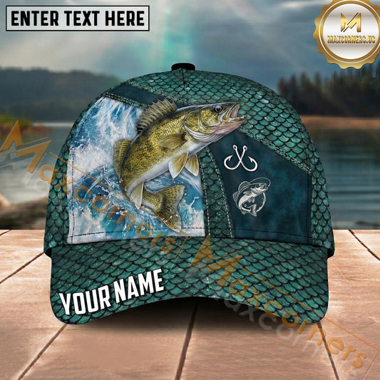 Maxcorners Fishing Teal Scale Hook Emblem Ocean Splash Personalized Name 3D Cap (12 Fish Species)