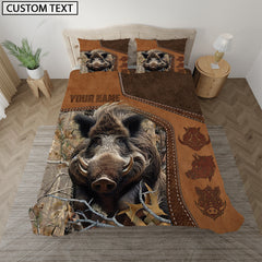 Maxcorners Custom Text Boar Hunting Grass Brown Camo Leather Pattern Bedding Set 3D All Over Printed