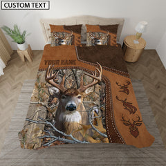 Maxcorners Custom Text Deer Hunting Grass Brown Camo Leather Pattern Bedding Set 3D All Over Printed