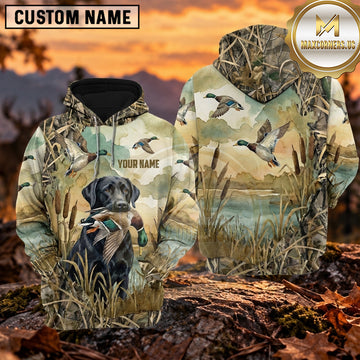 Maxcorners Flying Waterfowl Marsh Camouflage Duck Hunting Personalized Name 3D Hoodie (8 Hunting Dog Options)
