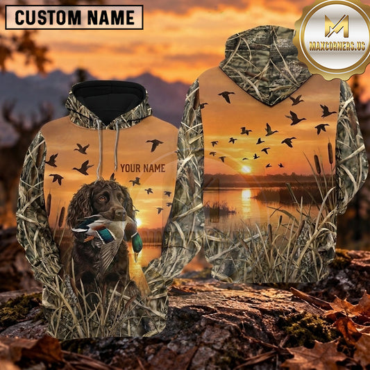 Maxcorners Orange Sunset Flying Ducks Duck Hunting Personalized Name 3D Hoodie (8 Hunting Dog Options)