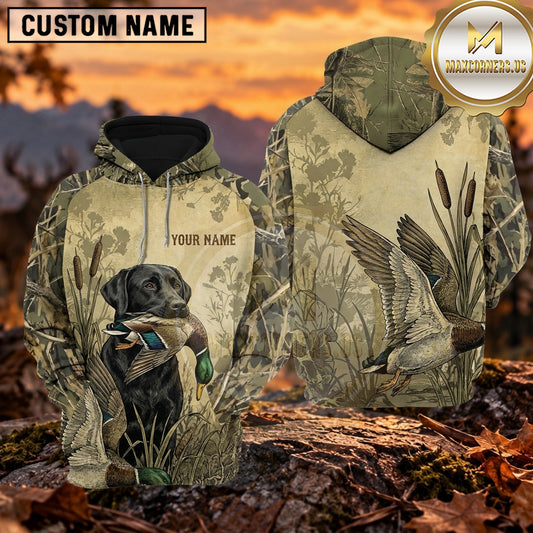 Maxcorners Vintage Waterfowl Illustration Duck Hunting Personalized Name 3D Hoodie (8 Hunting Dog Options)