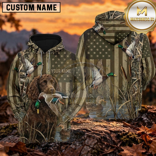 Maxcorners Rustic American Flag Duck Hunting Personalized Name 3D Hoodie (8 Hunting Dog Options)