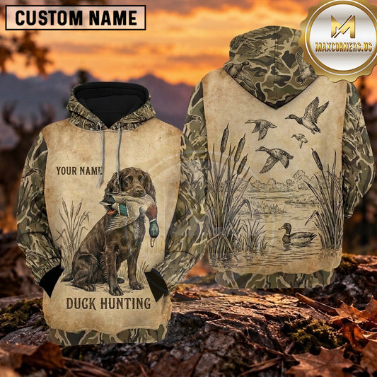 Maxcorners Vintage Flying Ducks Artwork Duck Hunting Personalized Name 3D Hoodie (8 Hunting Dog Options)