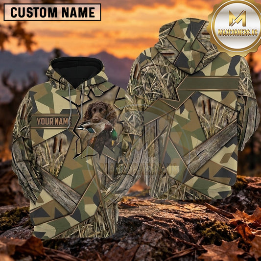 Maxcorners Geometric Woodland Camouflage Duck Hunting Personalized Name 3D Hoodie (8 Hunting Dog Options)