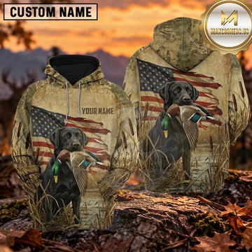 Maxcorners Distressed American Flag Duck Hunting Personalized Name 3D Hoodie (8 Hunting Dog Options)
