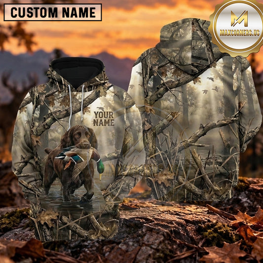 Maxcorners Vintage Marsh Grass Camouflage Duck Hunting Personalized Name 3D Hoodie (8 Hunting Dog Options)