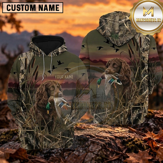 Maxcorners Sunset Marshland Camouflage Duck Hunting Personalized Name 3D Hoodie (8 Hunting Dog Options)