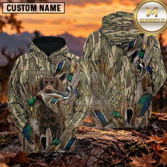 Maxcorners Flying Ducks Reed Camouflage Duck Hunting Personalized Name 3D Hoodie (8 Hunting Dog Options)