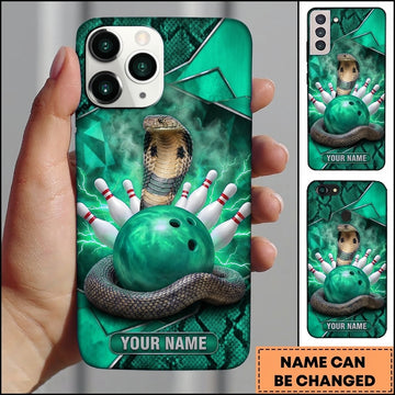 Maxcorners Bowling Phone Case Venomous Cobra Snake Coiled Ball Pins Strike Lightning Bolts Snake Skin Texture Personalized Name Multi Options Cover (7 Colors)