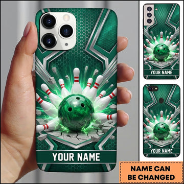 Maxcorners Bowling Phone Case Hexagon Mesh Surface Cracked Ground Electric Lightning Sparks Ball Pins Personalized Name Multi Options Cover
