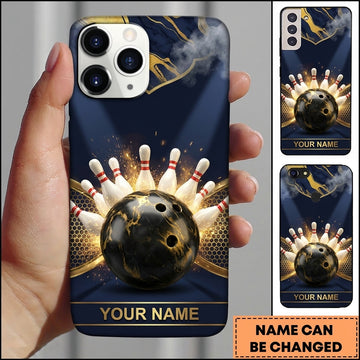 Maxcorners Bowling Phone Case Marble Texture Surface Hexagon Mesh Background Ball Pins Sparks Smoke Personalized Name Multi Options Cover