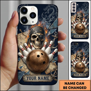 Maxcorners Bowling Phone Case Pirate Skull Bandana Eyepatch Treasure Map Anchor Fiery Flames Ball Pins Personalized Name Multi Options Cover